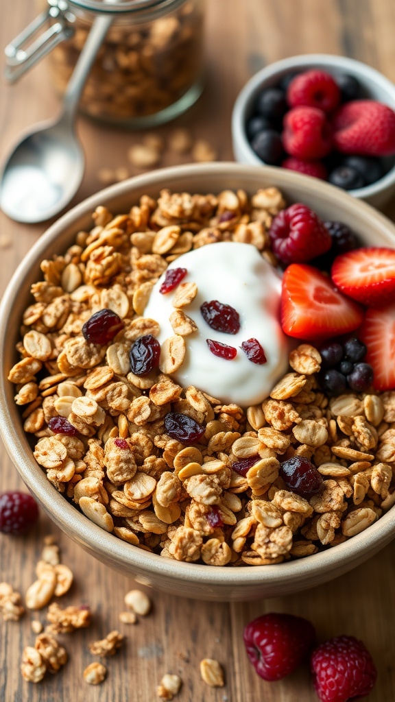 A bowl of oat granola with nuts and dried fruits, served with yogurt and berries on a wooden table.